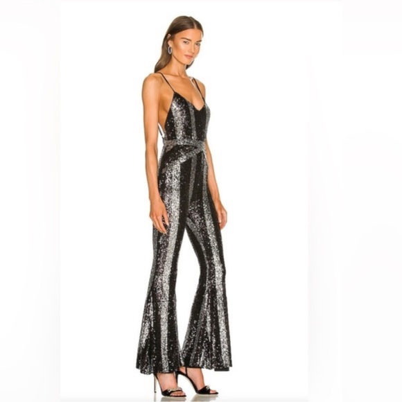 REVOLVE Pants - Michael Costello × RE-VOLVE Brie Striped Sequin Jumpsuit Black Silver Size Small